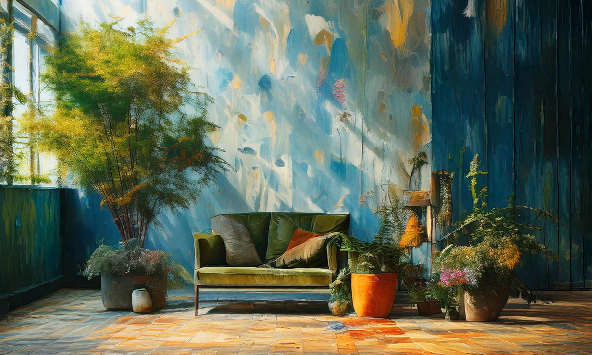 Decorative image of an AI generated painting of a couch and plants, lit by sunlight from a window in an industrial like room.